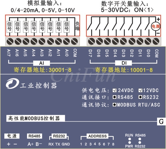 8AI 8DI analogeingang kanalschalter erwerb industrie Modbus RTU IO modul PLC Erweiterung