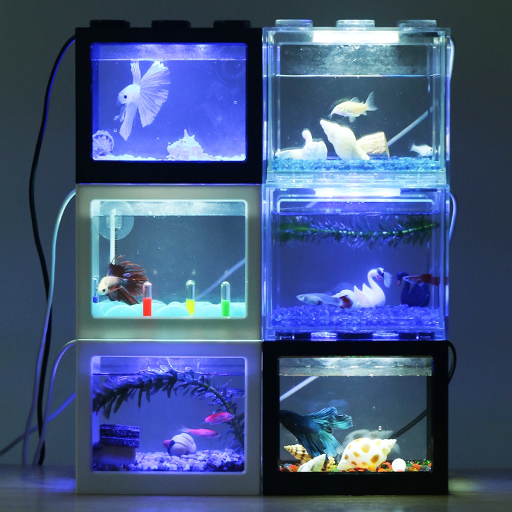 Fisketank led lys mini akvarium usb strøm 1l kapasitet lampe betta boks feed skrivebord hjemmeinnredning baby fiskerase fisk isolasjonsboks