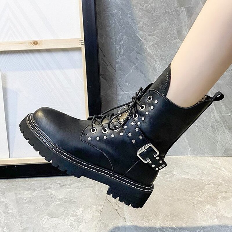 Mcckle kvinner nagle kule ankelstøvletter snøringe dame spenne stropp kort støvel plattform kvinnelig fottøy sy glidelås sko