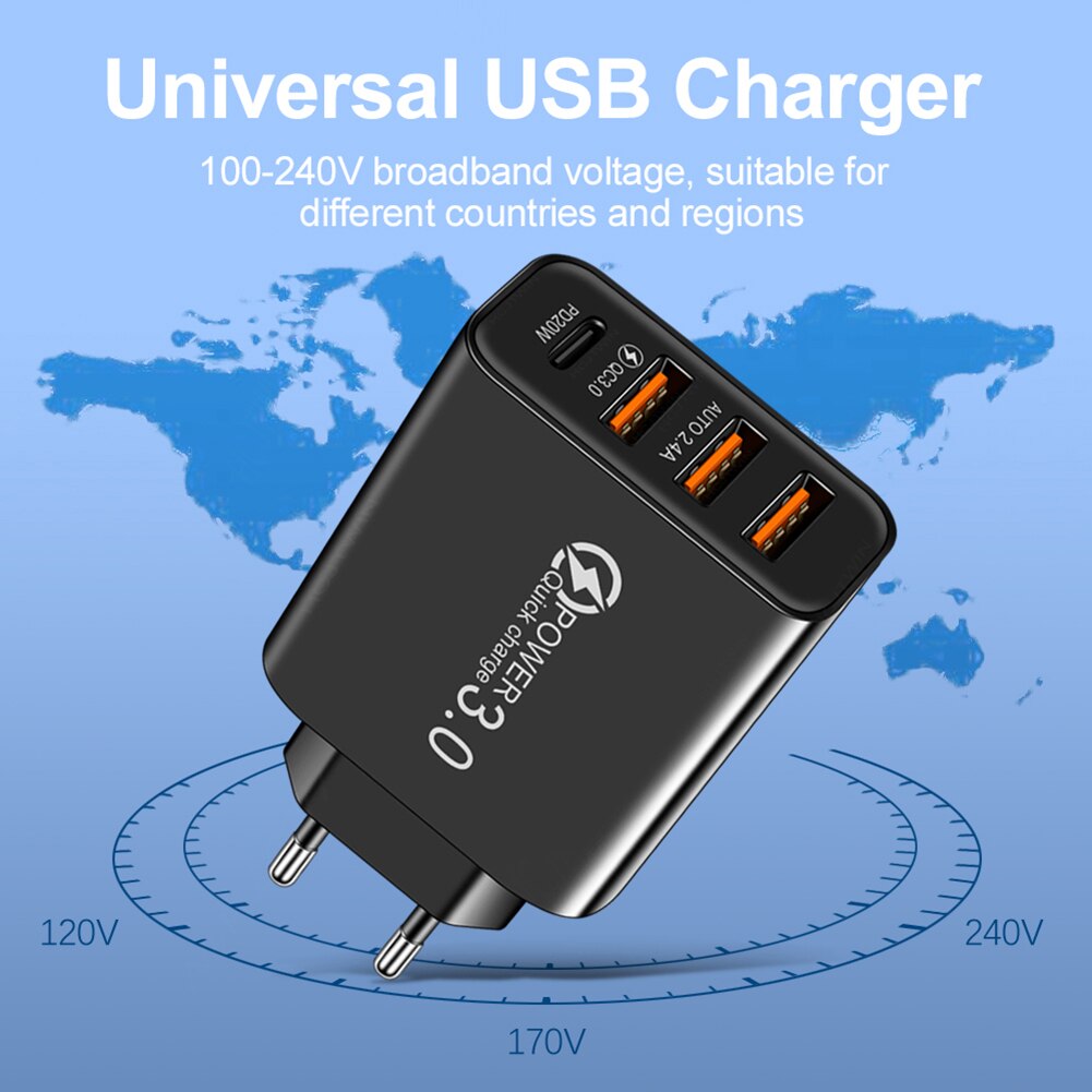 3 Usb-poort + PD20W Type C Universele Telefoon Oplader Reizen Draagbare Smartphone Opladen Adapter Hoofd Mobiel Voeding Accessoire