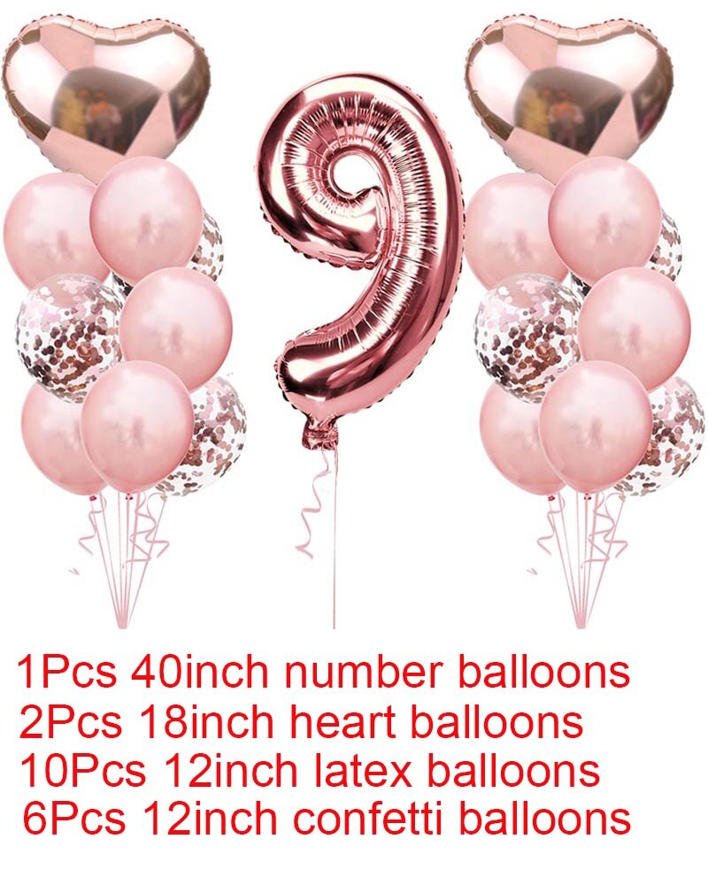 Søde 1st fødselsdag rose guld tal balloner 2 3 4 5 6 7 8 9 års fødselsdagsfest dekorationer børn konfetti ballon børns xn: Sæt 9 sæt