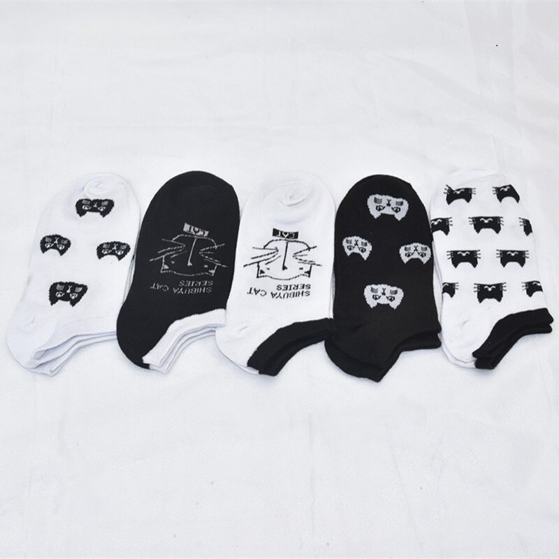 5 Pairs Lot Cotton Women Socks Female Casual Boat 3D Pack Cartoon Harajuku Cat Cute Heart Invisiable Funny Girl Ankle Sock Set