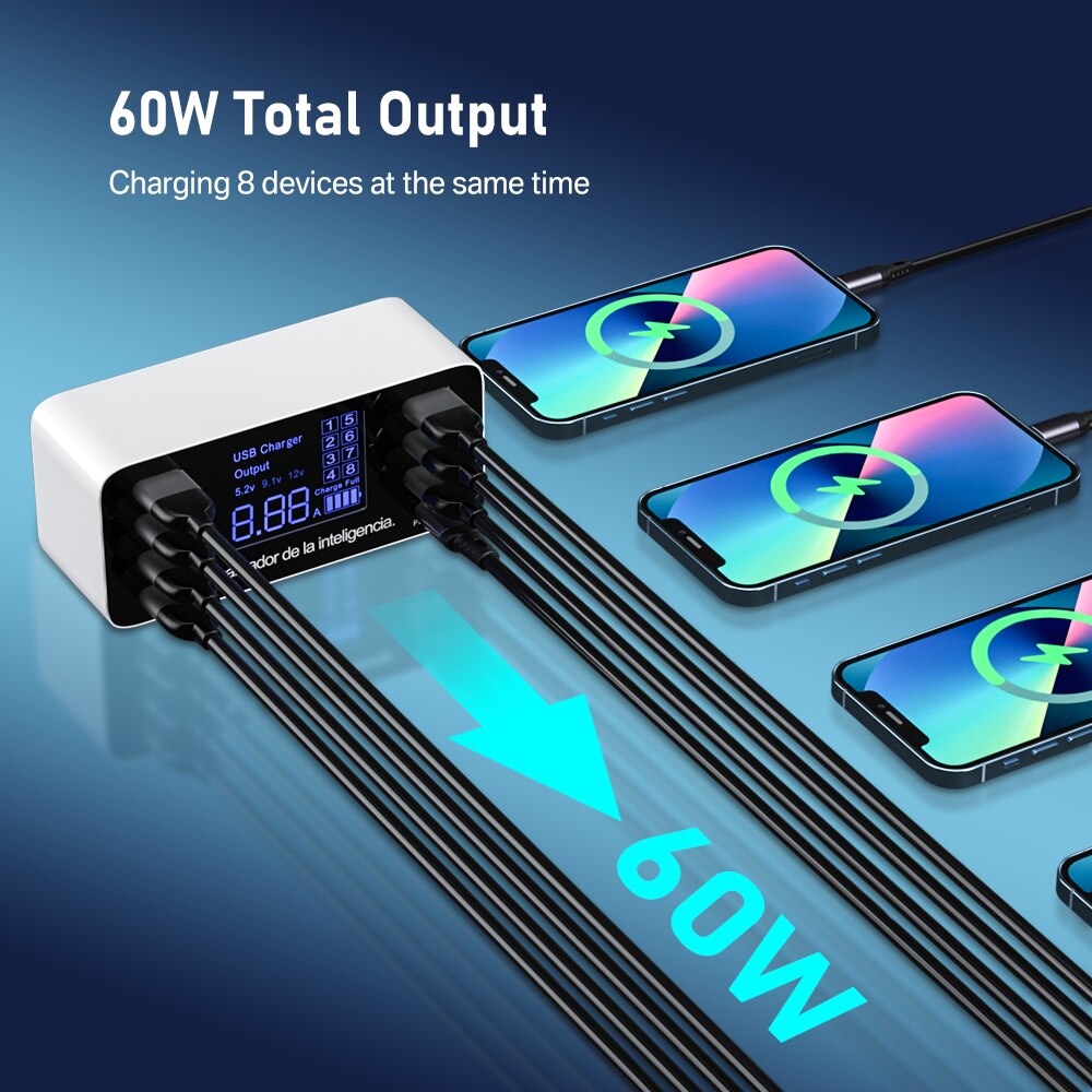 60w usb-handyladegeräte mit 8 usb-c-anschlüssen ,  qc3.0 pd usb-c-schnellladegeräte mit schnellladefunktion, 3.0 intelligente ladestationen mit led-anzeige und netzteil