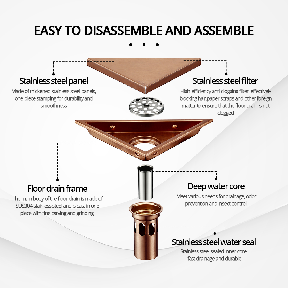 Golvavlopp i rostfritt stål, sifon, triangelformad lock, badrumsavlopp, ren sil, rostfri, luktfri, 304 tillbehör