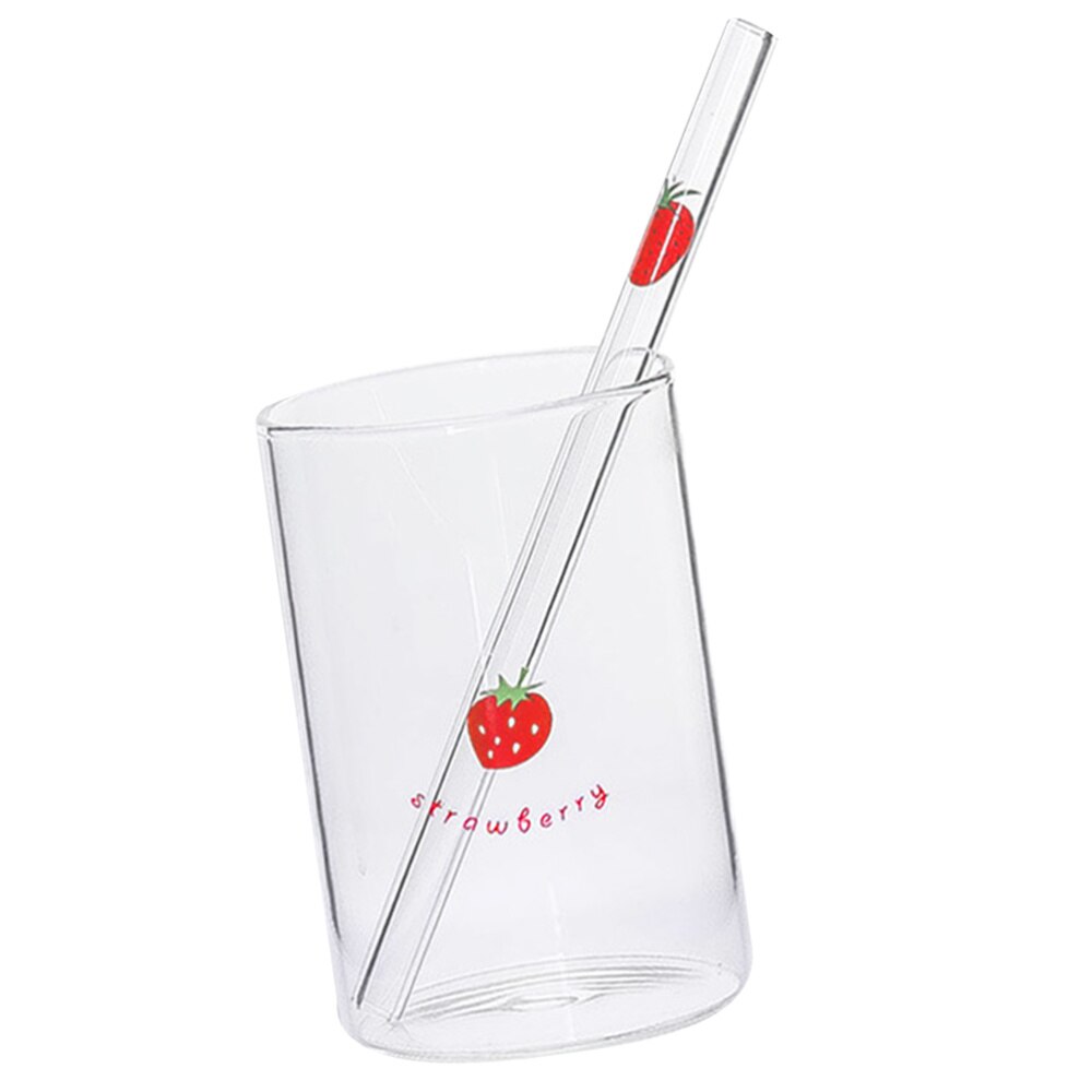Vaso de vidrio borosilicato resistente al calor para jugo de fruta y leche, taza de almacenamiento de agua con pajita para el hogar y la Oficina (estilo de estampado de fresa
