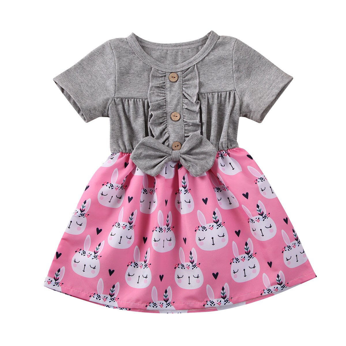 2020 Vestiti del bambino di Estate 1-5T Bambini Infantile Del Bambino Della Ragazza Del Vestito Increspato Manica Corta Vestito Floreale Della Rappezzatura Del Partito abito Da principessa: Grigio / 3T