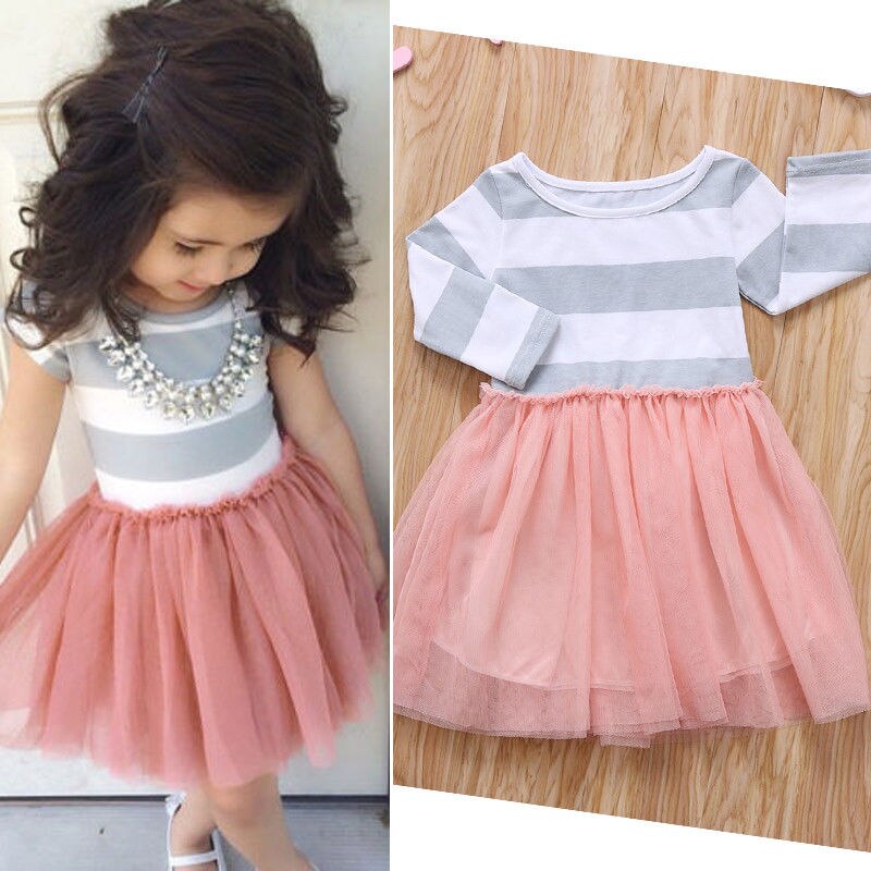 Little Girls Spring TuTu Dress Long Sleeve Striped Waist Ruffle Round Neck Dress Loose Mesh Multi-Layer Princess Dress