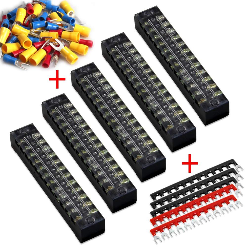 Terminal Block 8 Positions 600V 25A Dual Row Screw Terminals Strip Cover 400V 25A Pre-Insulated Terminal Barrier Jumper Strips: 15A12PForkConnectors
