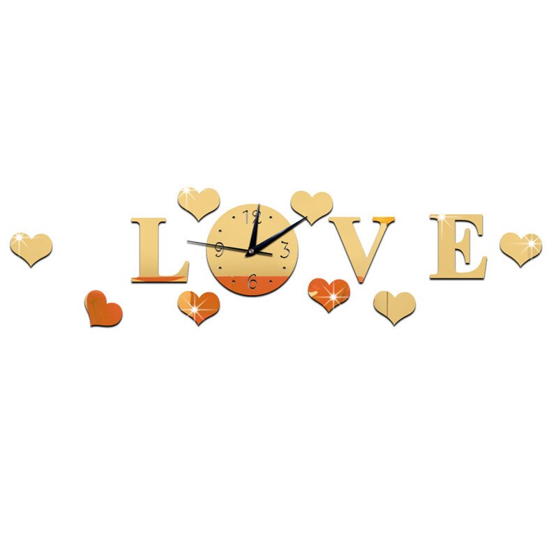 DIY LOVE Stereo Acrylic Clock Living Room Mirror Wall Sticker Home Decoration Alphabet Love Letters Wall Decor Lovely Wallpaper: Gold