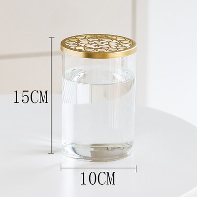 Nordic Transparent Glass Vase Golden Grid Cover Living Room Flower Arrangement Ikebana Decoration Desktop Hydroponic Plants Tool: M