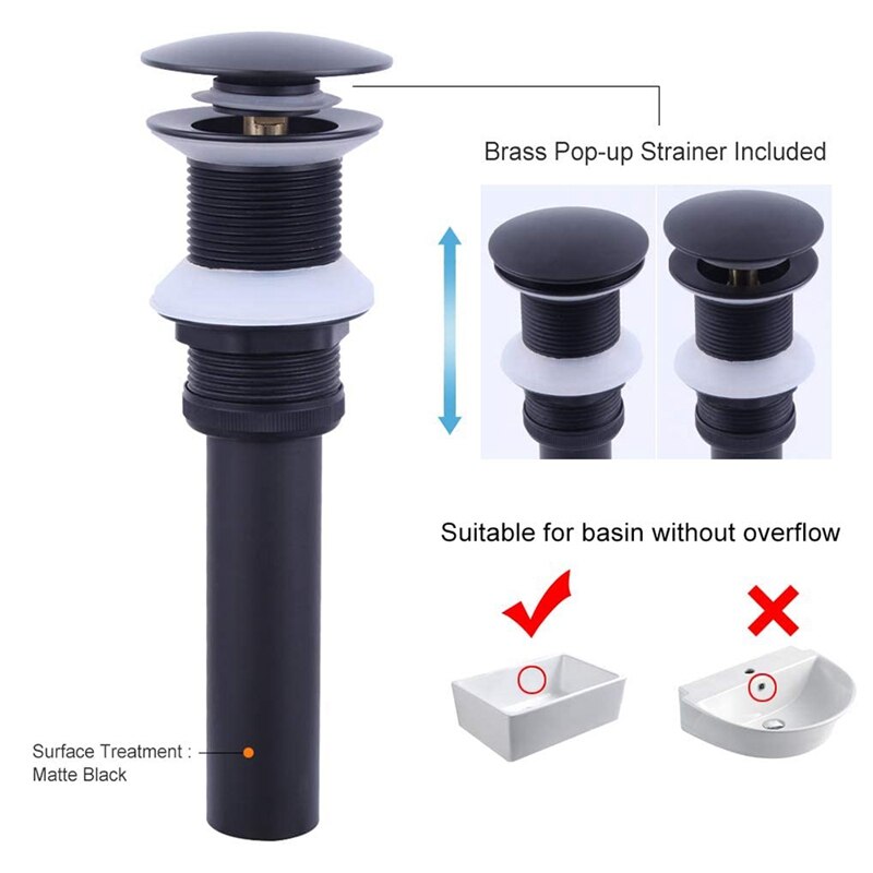 Matte Black Bathroom Basin Drain Brass Sink Waste Black Popup Bath Sink Drain Kit Without Overflow Hole