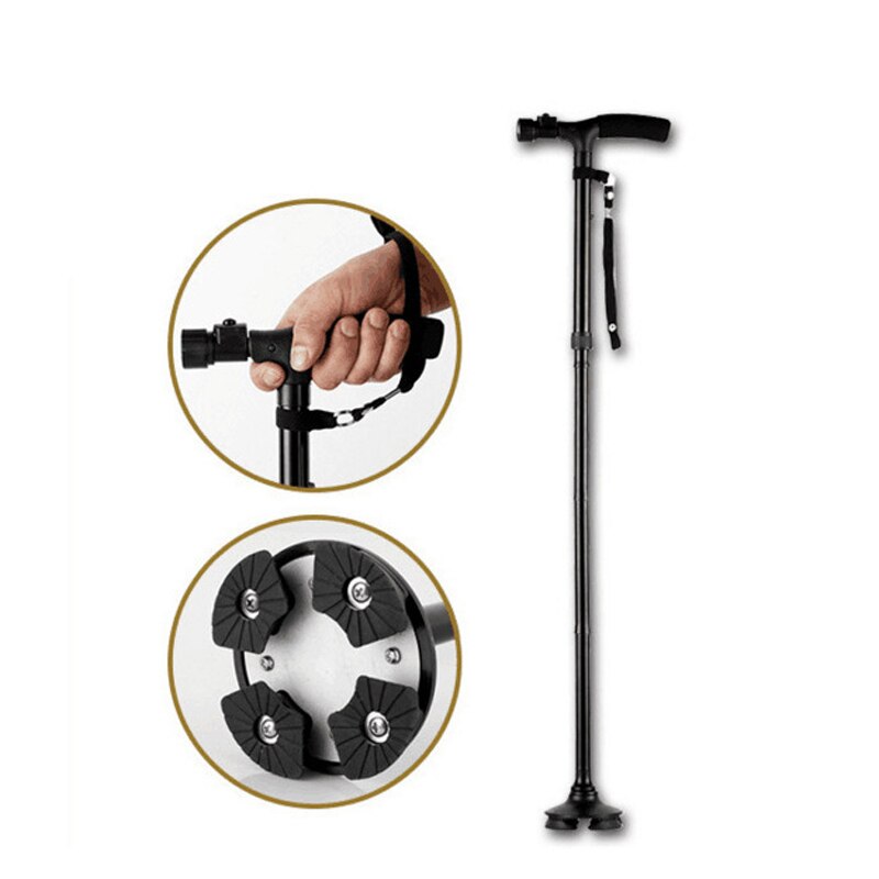 Outdoor T-handle 4 Folding Crutch 360 Degree Hiking Trekking Pole Cane Stable plate Walking Stick for old people