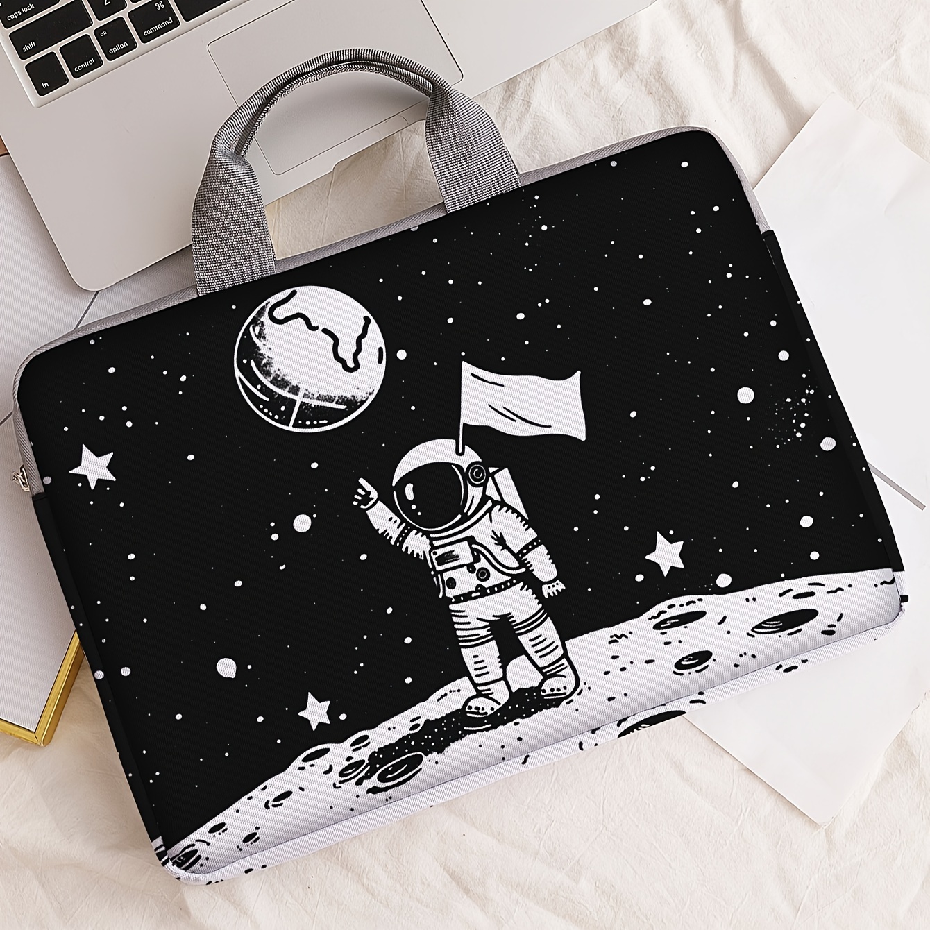 One piece set, two styles, astronaut patterned laptop bag and briefcase, suitable for 14 inch laptops: Blue