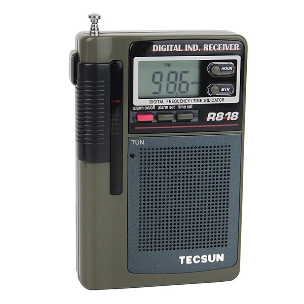 TECSUN-Radio FM/MW/SW de bolsillo, receptor de banda completa, reloj Digital, alarma + antena externa, TECSUN R-818, 1 unidad