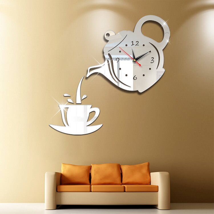 Large Wall Clock 3D Coffee cup DIY Silent Wall Sticker Clock Acrylic Mirror Self adhesive Wall Clocks Living Room Home Decor
