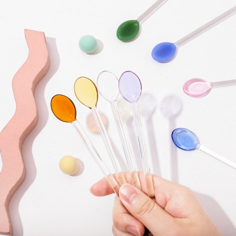 Colored Glass Mixing Spoons Transparent Glass Spoons For Home Fruit Juice Coffee Iced Beverage Mixing Spoons Tableware