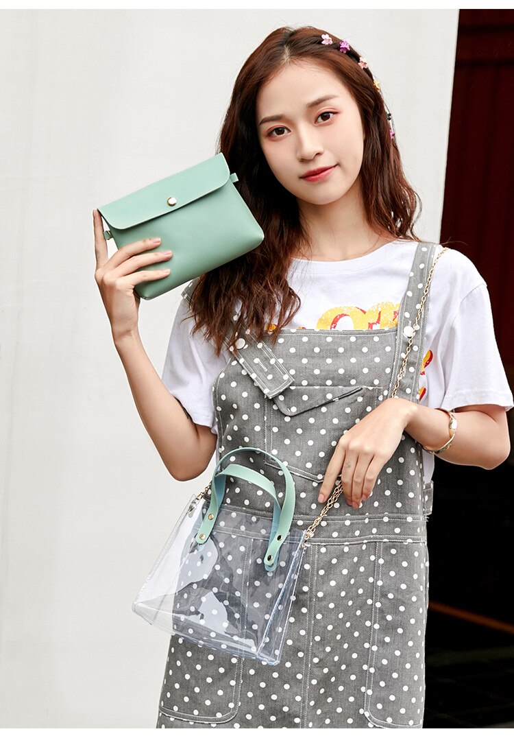 Handtas Pu Vrouwen Schoudertas Transparante Metalen Ketting Dual-Gebruik Snoep Kleur Tote Messenger Lady portemonnee