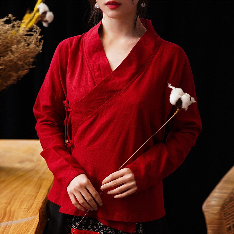 Camisa de lino y algodón para mujer, blusa Vintage, lisa, Oriental, Hanfu chino tradicional, etapa Hanfu