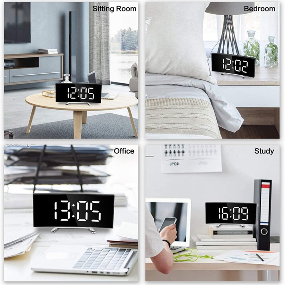 Digital Black Alarm Clock 7 Inch Curved Dimmable LED Digital Clock for Kids Bedroom Green Large Number Clock Lightweight