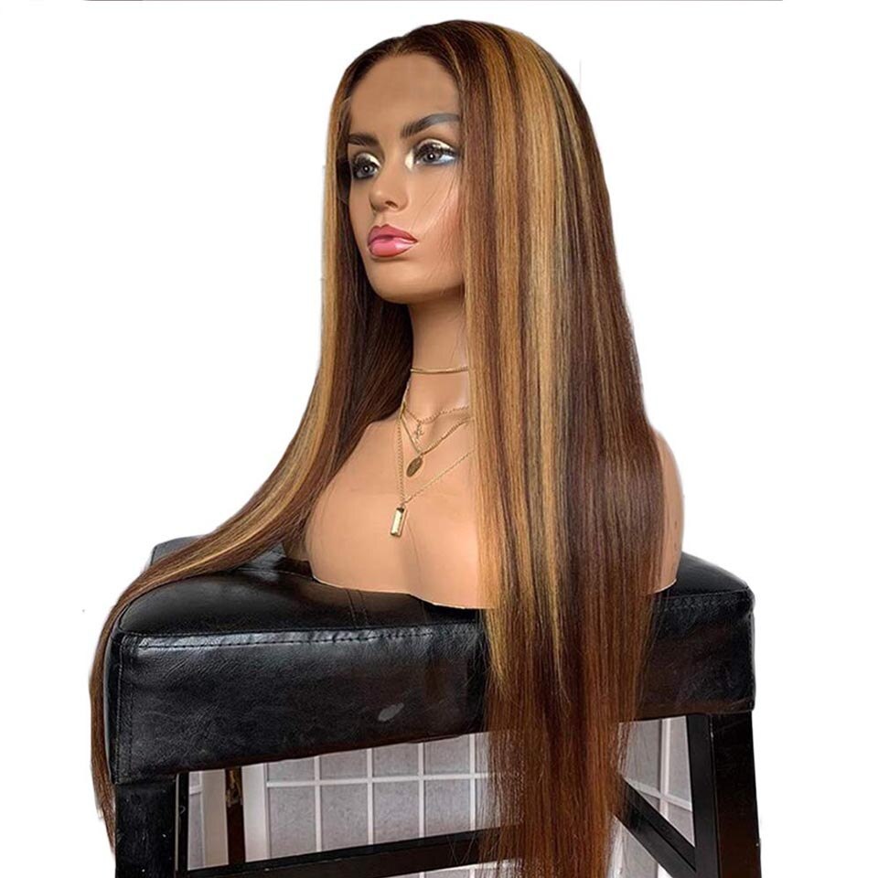 Highlights Color Synthetic Hair Wigs Ombre Long Straight Dark Brown Color Wig 24 Inch Heat Resistant Fiber With Natural Skin