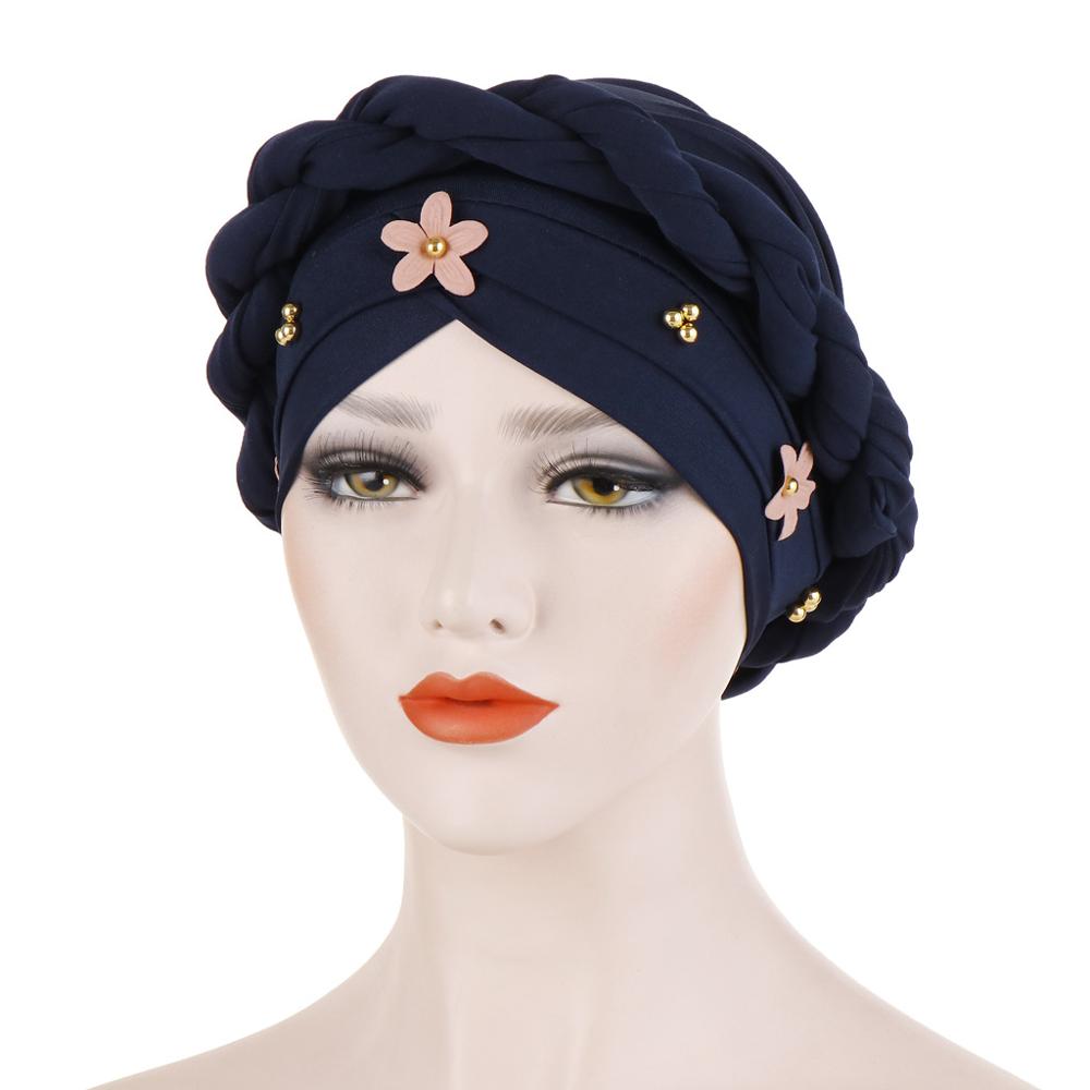 Gorros dorados 3d flor estilo africano sombrero con cuentas musulmana accesorios para el pelo turbante mujer sólida trenzada Banda TUB002