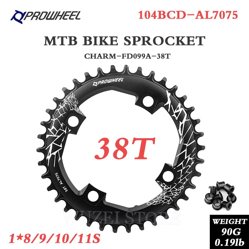 Prowheel 104 bcd mountainbike tandwielen 32/34/36/38/40t tandwielen /7075 aluminium materiaal mtb brede en smalle tand tandwielen: Charme 38t