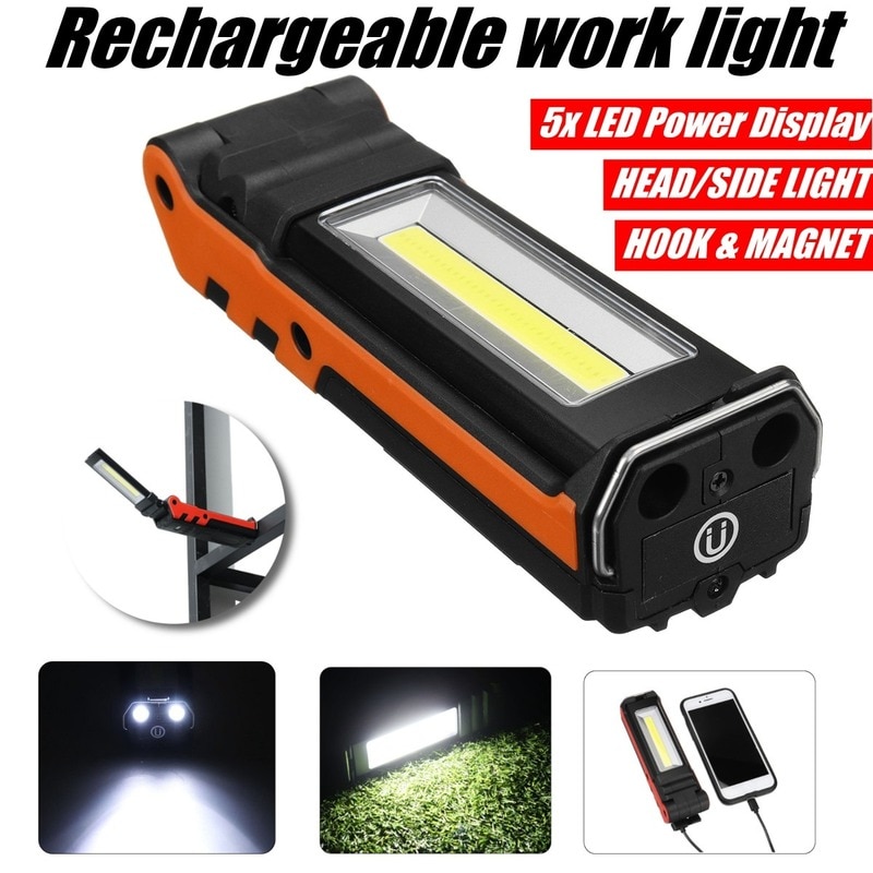 USB Rechargeable COB LED Work Light Magnetic Inspection Lamp with Hook Built In 2000mAh 18650 Battery