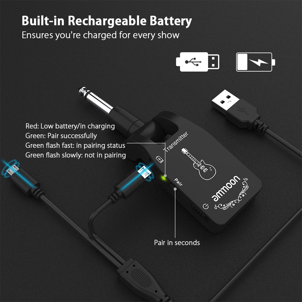 ammoon Wireless Guitar Transmitter Audio Transmitter Receiver System 2.4G Rechargeable 6 Channels for Electric Guitar Bass