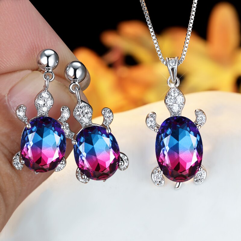 Regenboog Opaal Grote Ovale Steen Zee Schildpad Sieraden Sets Multicolor Crystal Tortoise Kettingen Oorbellen Voor Vrouwen Wedding Bridal Sets: Blue Purple
