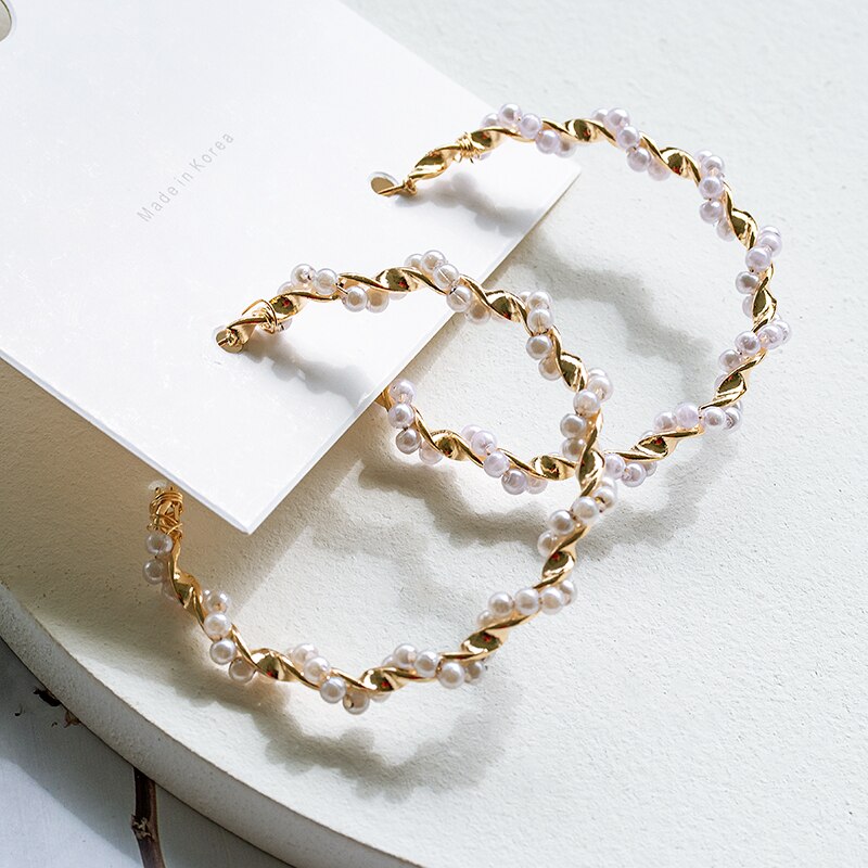 Boucles d'oreilles créoles en perles de culture coréennes, couleur or, simples, en forme de grand cercle, pour femmes, bijoux de mariage: Produit 2