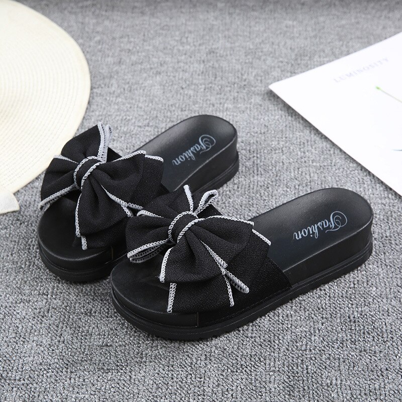 Slippers Teen Girls Summer Bowknot Slippers Korean Children Wild Thick Sandals Non-slip Beach Shoes Slippets: Black / 36