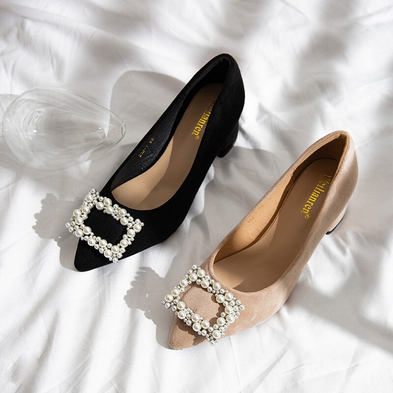 String perle boucle femme pompes grande taille 34-43 bout pointu perle troupeau mary janes gros med-talons hauts chaussures femmes mujer pisos