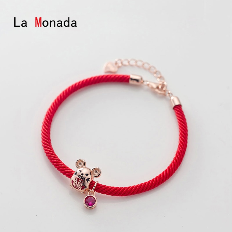 La Monada 925 Sterling Zilveren Lucky Zodiac Muis Rat Rood Touw Armbanden Rode Draad Op Hand Line String Armbanden Voor vrouwen Goud