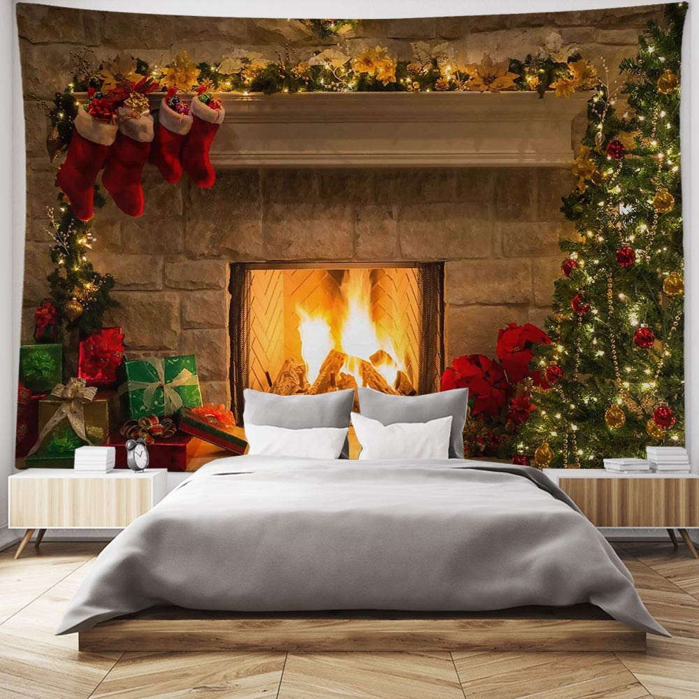 Christmas Fireplace Merry Xmas Happy Year Fabric Wall Hanging Art Decorations