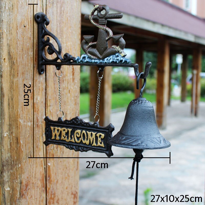 Beach Blue Paint Rudder Cast Iron Wall Bell With Gold Welcome Signs Plaques Home Garden Decor Handing Cranking Welcome Door Bell: Anchor