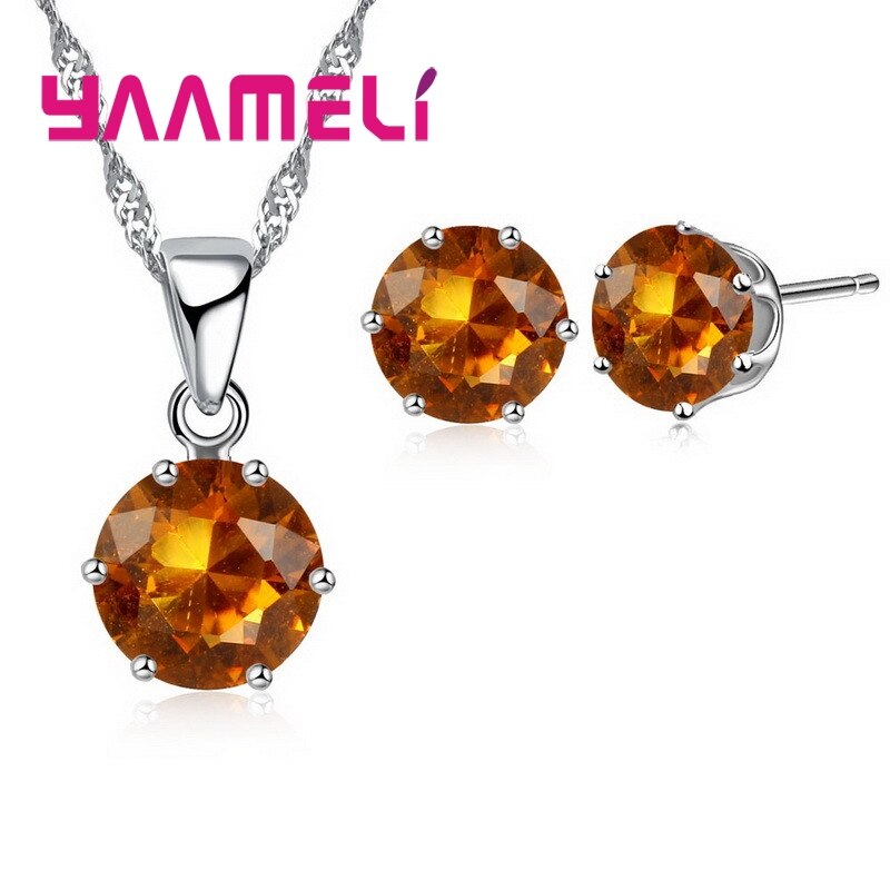 925 Sterling Zilveren Bruids Bruiloft Sieraden Sets Voor Vrouwen Engagement Crystal Hanger Ketting Oorbellen Set: champagne