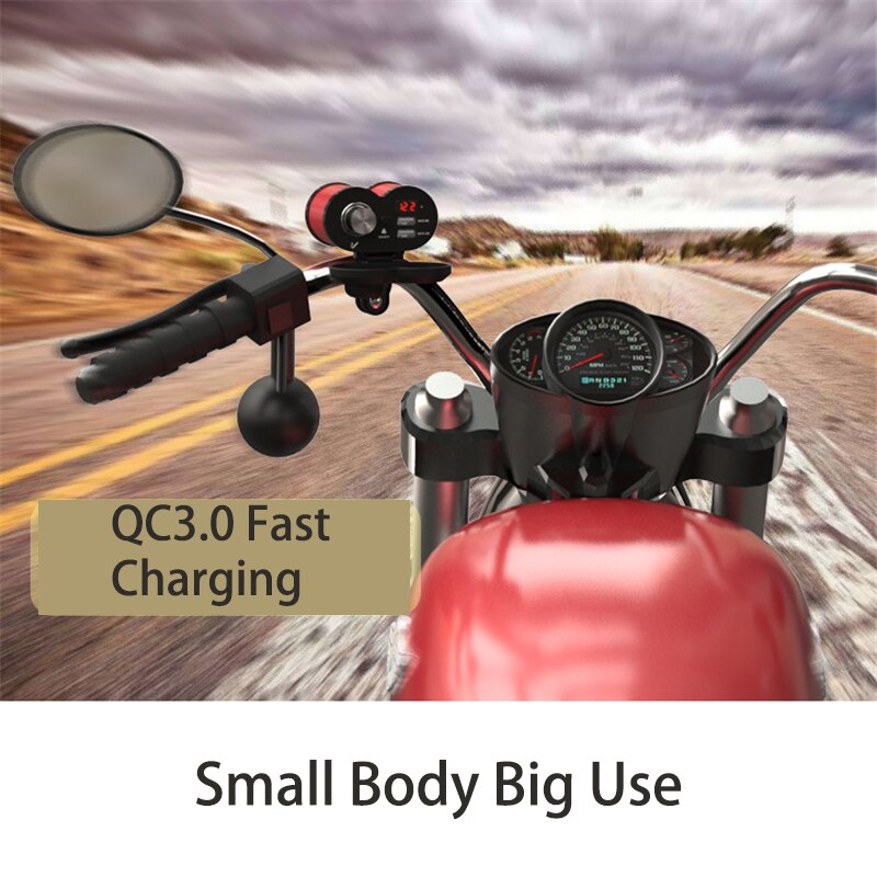 QC 3.0 Quick Charge 5V 3.0A/1.5A Dual USB Motorcycle Cigarette Lighter USB Charger with Voltmeter Time Display with On/Off Swith