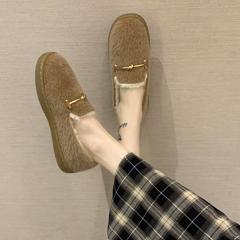 Moccasin Schoenen Instappers Bont Herfst Ondiep Mond Vrouwelijke Casual Sneakers Vrouwen Slip-Op Alle-Match ronde Neus