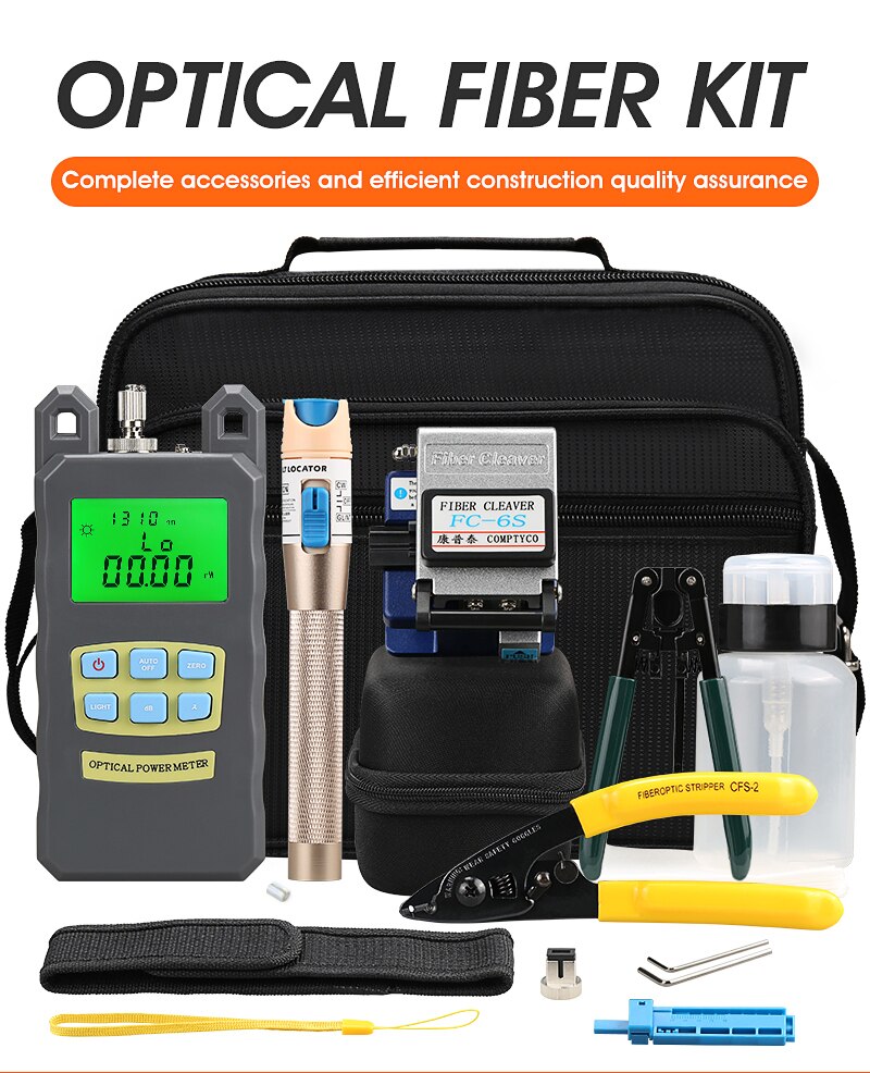 15pcs/set FTTH Fiber Optic Tool Kit with Fiber Cleaver -70~+10dBm Optical Power Meter Visual Fault Locator 1mw 5km