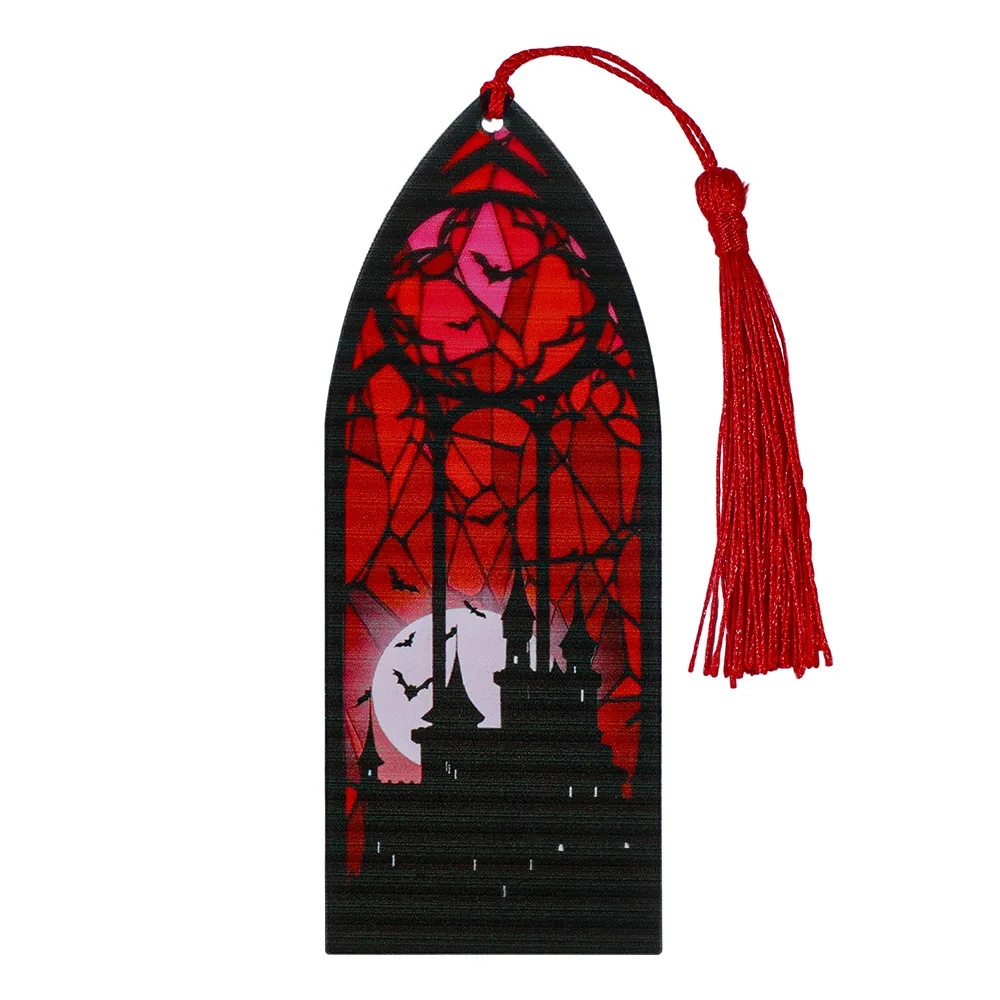 Marcapáginas acrílico de estilo gótico, patrón de ventana de Color sangre, marcapáginas decorativos con borlas, adorno colgante para libro de lectura: BLANCO