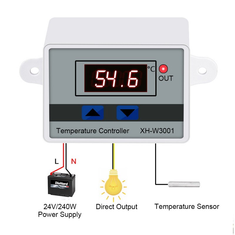 Digital LED Temperature Controller XH-W3001/W3002 10A 12V 24V 220V Industrial 1.9 Inches & Under Charger Embedded - 50 ~ 110C: 24V 240W W3001