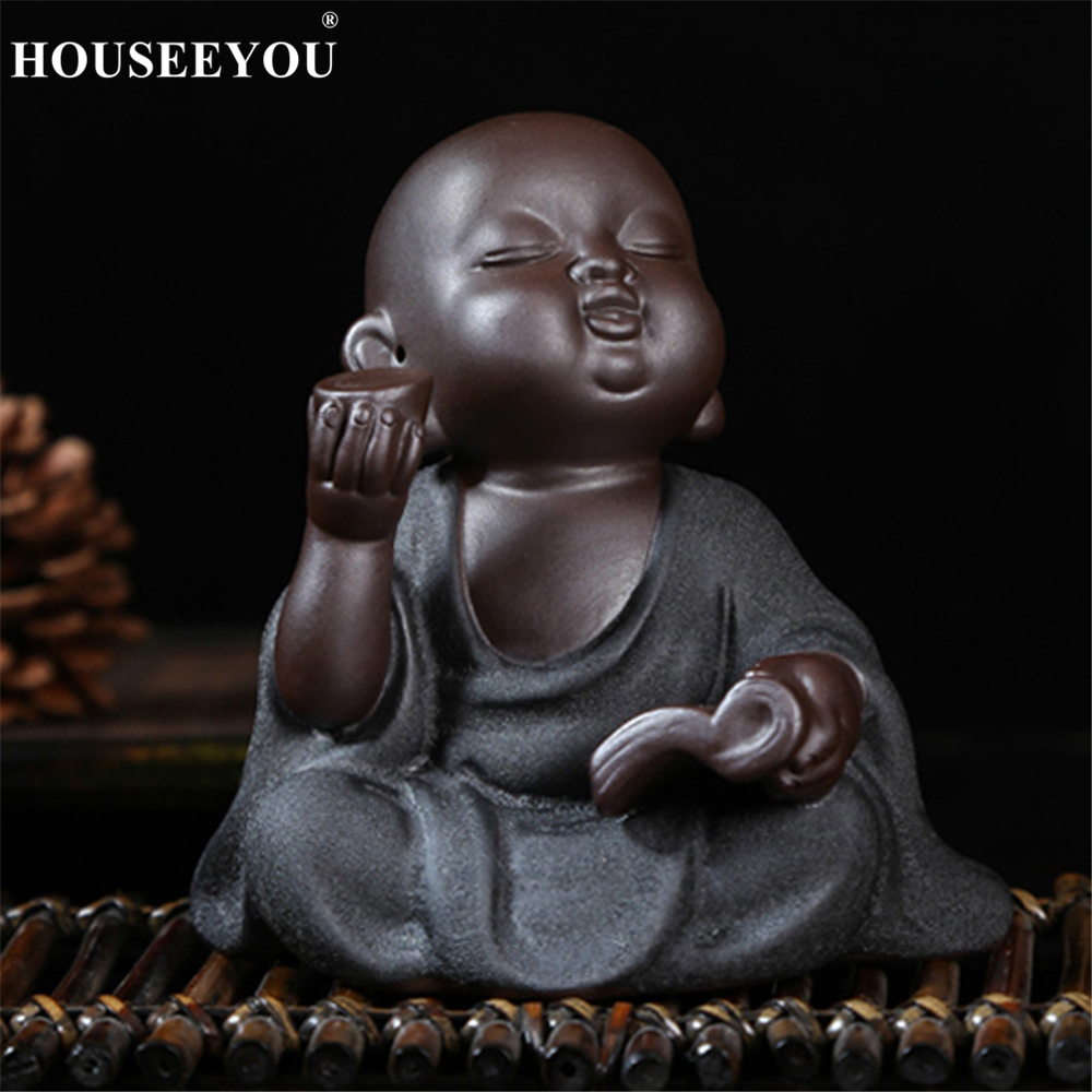 Utsøkte sittende munker kung fu te kjæledyr ornamenter lilla sand tebakke små buddha statuer skulpturer te tilbehør sett