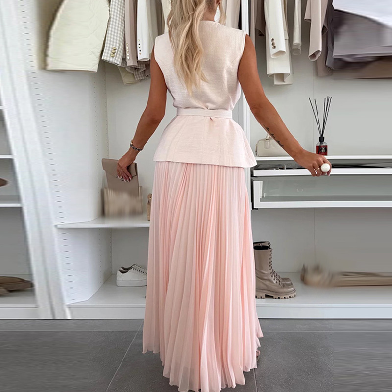 Meshveckad enfärgad festkostym o-ringad knäppt toppar och långa kjolar set kvinnor casual ärmlös smal passform 2pc outfits