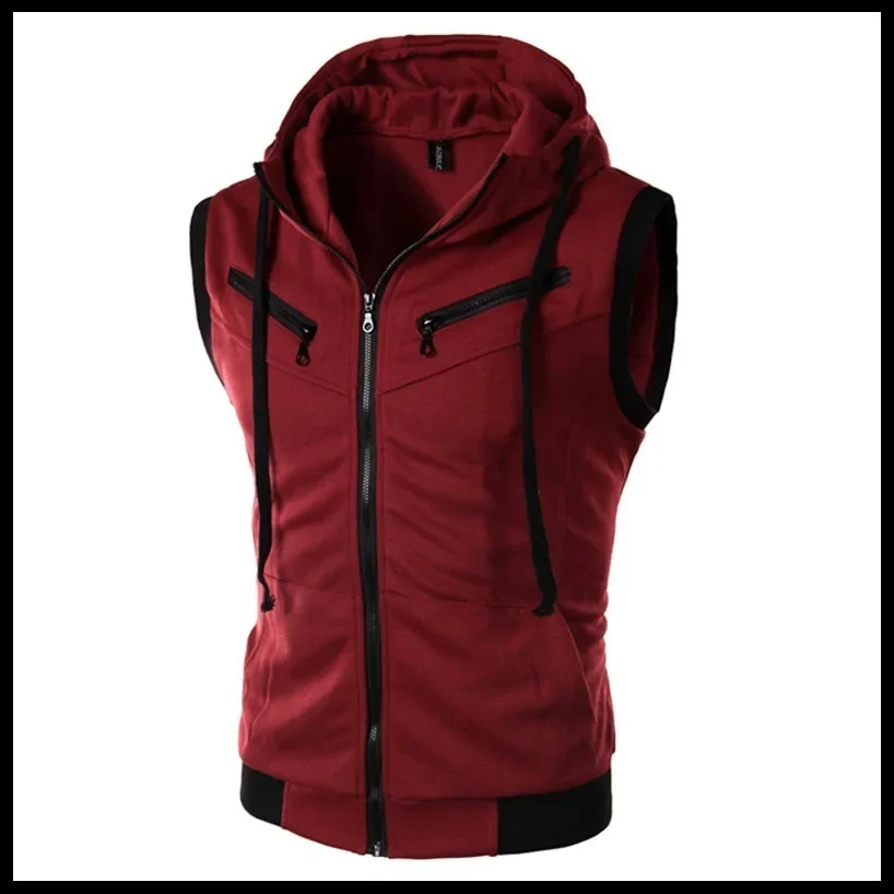 Men's Sleeveless Hoodies Casual Zipper Hooded Sweatshirt Men Bodybuilding Tank Top Sporting Shirt Waistcoat Vest: M / Burgundy
