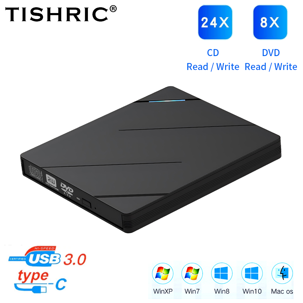 TISHRIC Multifuncional Externo Móvel Caixa de Unidade Óptica USB 3.0 Tipo-C Interface SD TD Leitor de Cartão CD DVD Burner Player