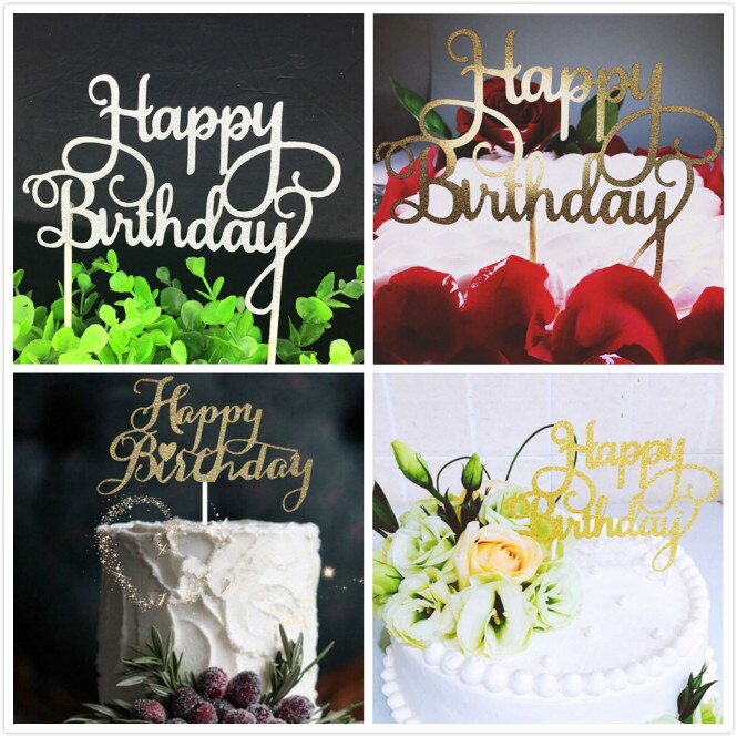 Roze gouden happy birthday taarttopper van acryl met gouden en zilveren letters, decoratie voor een jongensverjaardagsfeestje of bruiloft.