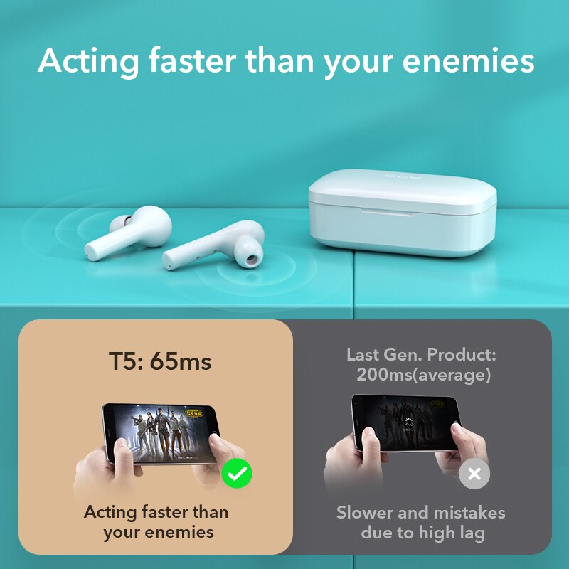 QCY T5 cuffie Bluetooth V5.0 di Tocco Senza Fili di Controllo mini di sport auricolari stereo HD parlare 380mAh della batteria di grandi dimensioni scatola di carico