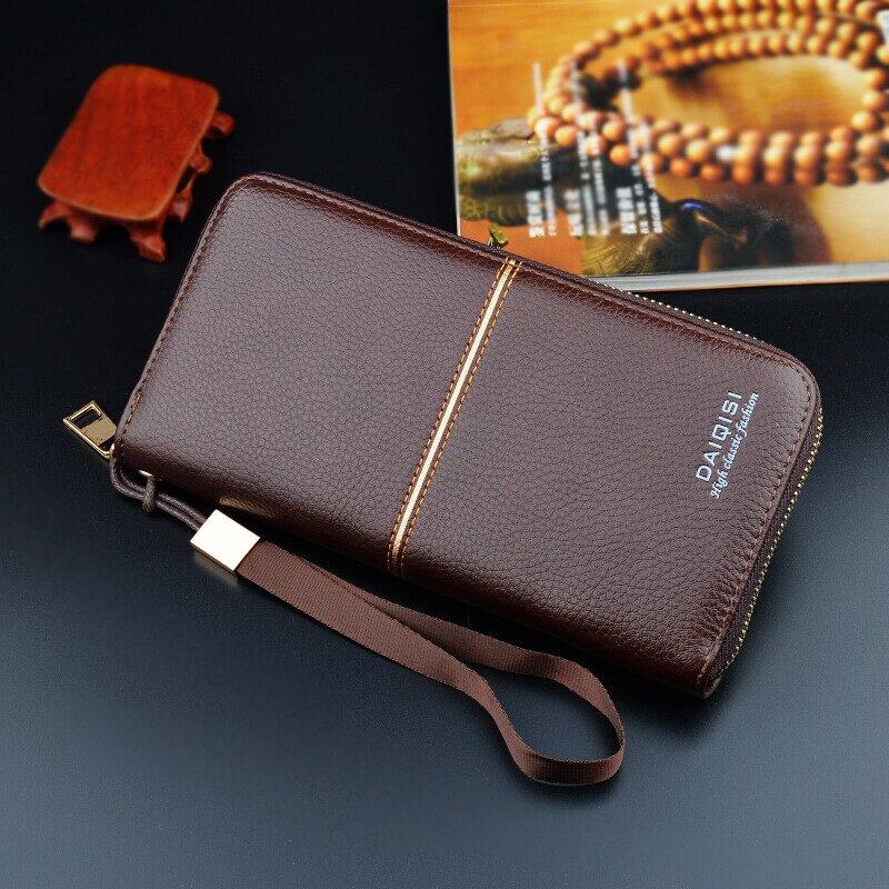 Nueva cartera de para hombre, bolso de mano informal de negocios con cremallera, bolso de gran capacidad para teléfono móvil, Cartera de cuero: Light coffee