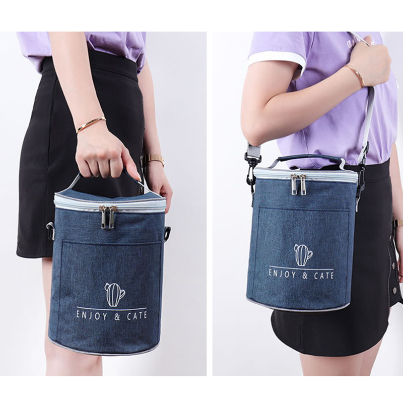 Large-Capacity Portable Lunch Bag Fresh-Keeping Thickened Lunch Box Bag Round Barrel Aluminum Foil Insulation Bags