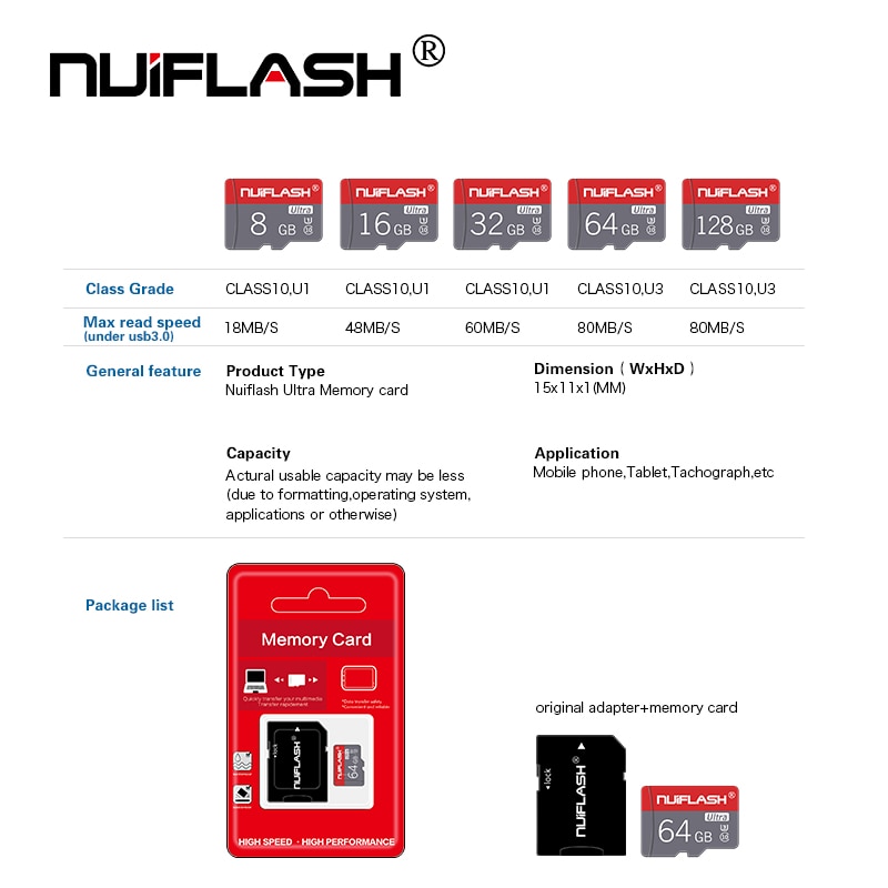 Nuiflash micro sd 128GB 64GB 32GB 16GB 80mb/s TF usb flash memory card microsd 8GB/48MB/s class10 Original Product